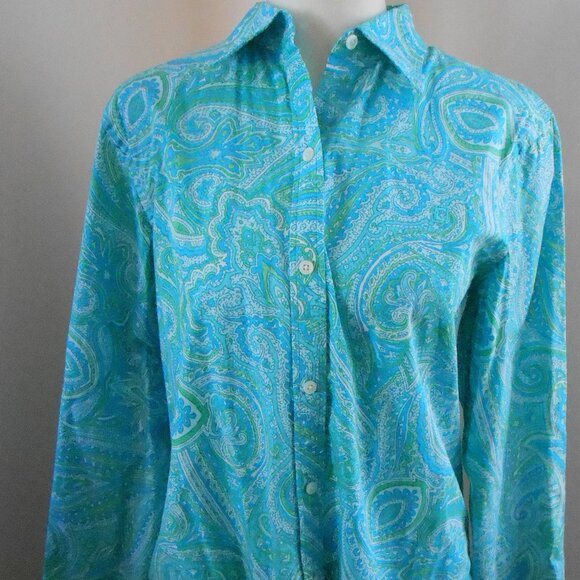Chaps Ladies Blue Green & White Paisley Collared Button Up Long Sleeve Blouse-M - Picture 1 of 4